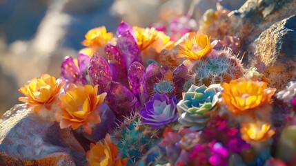 close-up view of a cluster of colorful desert succulents and cacti, featuring intricate patterns of bright reds, oranges, yellows, pinks, and purples, with delicate textures and spiky shapes
