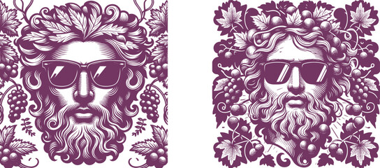 Fototapeta premium old color Engraving Design: Mythological Man's Face with Sunglasses, Grapes, and Leaves – A Perfect Fusion of Wine and Legend, Linocut 