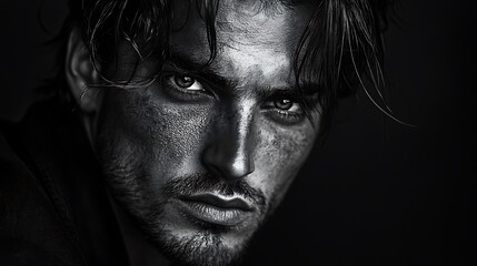 Fototapeta premium A close up portrait depicts a man looking intensely at viewer