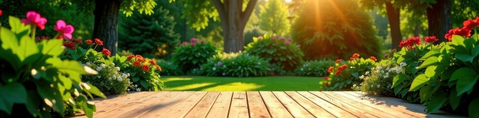 Sun-drenched wooden deck overlooking lush garden, tranquil, sunshine
