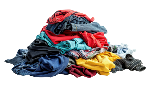 Pile of clothes creating a colorful mess on transparent background
