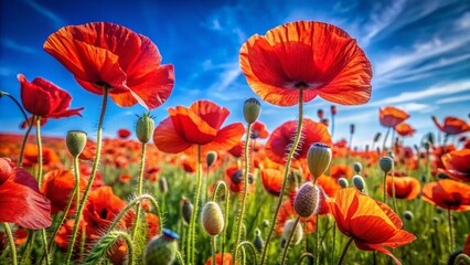 Vibrant Red Poppy Field Macro Photography: Spring Bloom Under Blue Sky