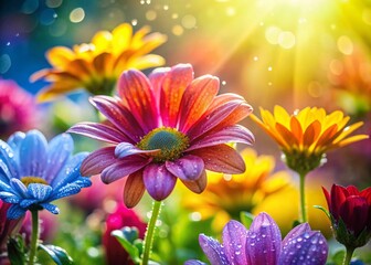 Fototapeta premium Vibrant Spring Garden Macro Photography: Dewdrops on Blossoms