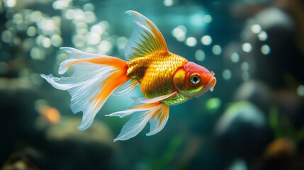 Obraz premium Goldfish swimming gracefully tranquil aquarium gigapixel image underwater world close-up flowing fins