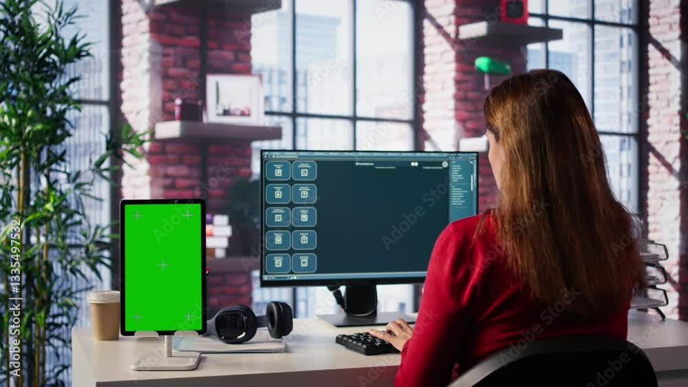 Fototapete freelancer interacting with smart ai virtual assistant next to mockup screen, using innovative chatb