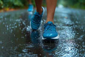 A person is walking in the rain with their feet in the water