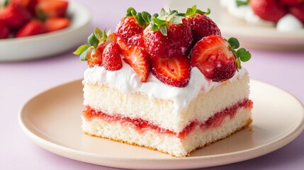 Closeup of a Delicious Strawberry Cake with Whipped Cream on a Pink Background