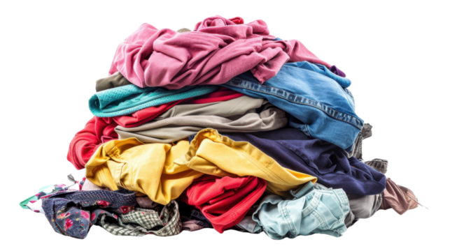 Pile of clothes creating a colorful mess on transparent background