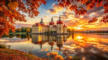 Vintage Autumn Sunset at Moritzburg Castle, Dresden, Germany - Postcard Style