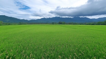 Fototapeta premium Morning dew droplets on green rice field countryside gigapixel image lush environment close-up view nature's beauty