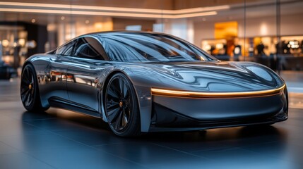 A sleek, futuristic car is parked in a showroom. The car is shiny and has a modern design. The showroom is well-lit and has a sleek, modern feel to it