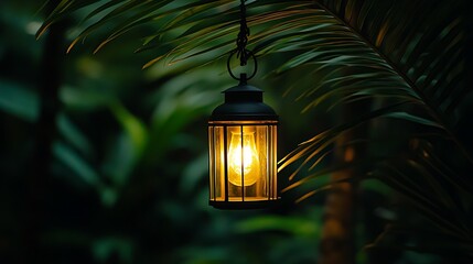 Illuminated Lantern Hanging Amongst Lush Greenery