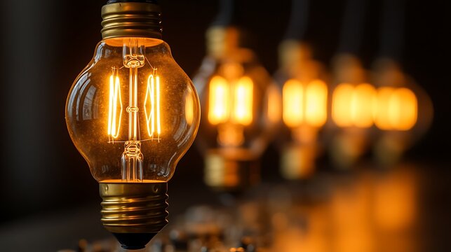Glowing vintage Edison light bulbs in a row. - Powered by Adobe
