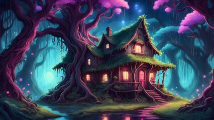 Fototapeta premium A whimsical illustration a cozy house nestled within a vibrant, magical forest night. house glows warm light, creating a serene enchanting atmosphere.
