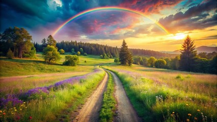 Obraz premium Vintage Rainbow Road to Peaceful Meadow - Serene Landscape Stock Photo