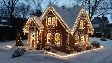 Fototapeta premium Christmas Gingerbread House with window lights