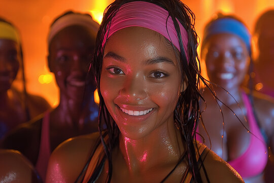A woman with a pink headband is smiling at the camera