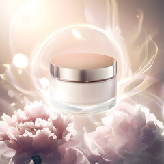 Luxurious cosmetic cream jar with golden cap surrounded by white flowers and glowing light effects. Beauty and skincare product concept.