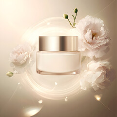 Premium facial cream container with delicate flowers and soft glowing bokeh background. Beauty and self-care concept.