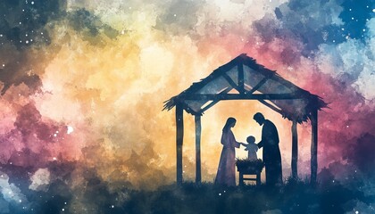 Dreamy watercolor nativity scene with baby jesus, mary, and joseph in silhouette style