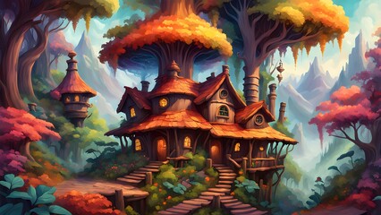 Obraz premium A whimsical illustration depicts a charming treehouse nestled amongst vibrant autumnal foliage majestic mountains.