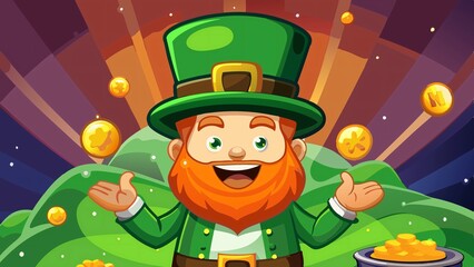 Leprechaun Character with Green Hat and Red Beard Surrounded by Gold Coins and Clovers on a Magical Glowing Background - Festive and Whimsical