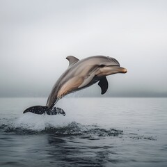 Obraz premium Dolphin leaping ocean misty coast wildlife conservation