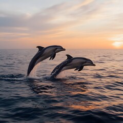 Fototapeta premium Dolphins leaping sunset ocean wildlife nature travel