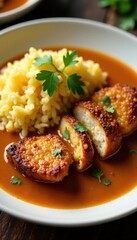 Crispy pork cutlet immersed in flavorful curry, accompanied by steamed rice , tasty, delicious