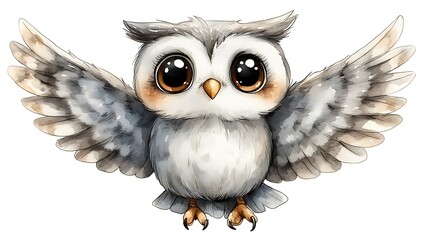Adorable baby owl with wings spread.