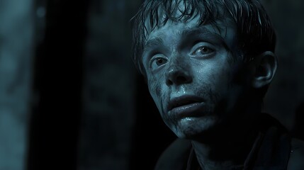 Obraz premium Blue-Toned Portrait of a Boy with Muddy Face and Expressive Eyes