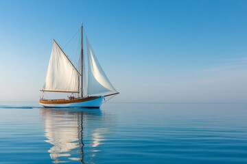 Fototapeta premium Vintage sailboat with white sails gliding on calm blue waters under a clear sky space for design