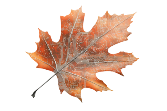 Autumn maple leaf with metallic texture isolated on white background. Futuristic fusion of nature and technology, ideal for AI concepts, eco-friendly innovation, digital art, and sustainability themes
