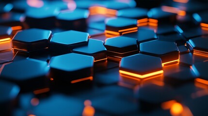 Fototapeta premium Abstract Hexagon Pattern Blue Orange Glowing Technology Background Digital Art Modern Design Futuristic Shiny 3D Render Illustration Graphic Resource 