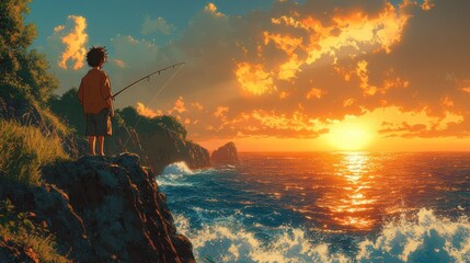 Child fishing at sunset coastal cliffs