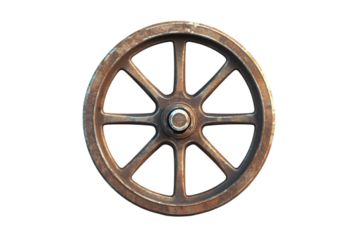 "Antique Rusted Metal Wagon Wheel Isolated on White Background – Vintage Industrial Iron Cart Wheel, Retro Machinery Component, Old Mechanical Gear, Historic Transportation and Farm Equipment Image"

