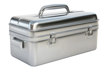 "Stainless Steel Toolbox with Secure Latches and Handle Isolated on White Background – Durable Metal Storage for Tools and Equipment"

