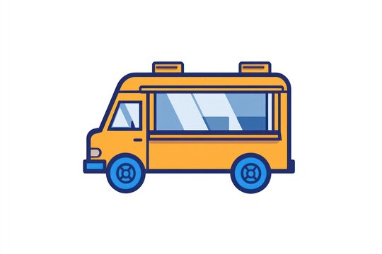 A vibrant yellow food truck with blue wheels perfect for street food events and mobile caterin