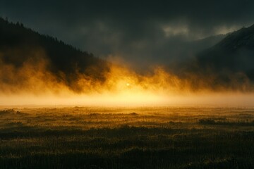 Fototapeta premium Misty Meadow at Dawn, Green meadows