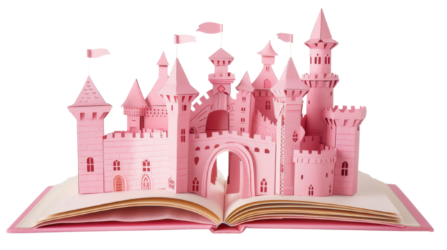 Pink paper castle emerging from open book on transparent background