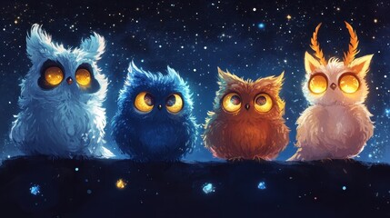 Obraz premium Four Adorable Cartoon Owls Perched On A Dark Tree Branch