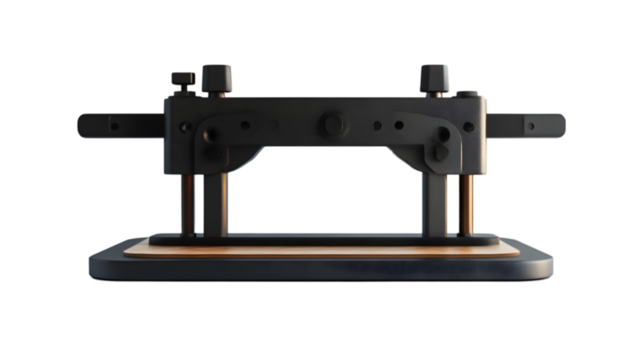 Close-up of modern industrial black pressing machine with adjustable knobs for precise alignment and manufacturing operations.

