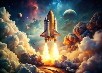 Vintage Spaceship Launch: Retro Futuristic Spacecraft Ascending into Starry Cosmos