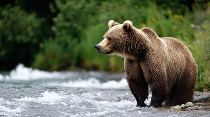 Obraz premium Lone bear standing by river nature scene wildlife photography serene environment close-up view gigapixel detail