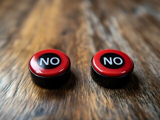 Two red buttons with "NO" on a wooden surface.