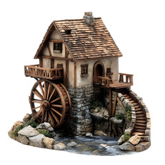 Obraz premium Miniature wooden water mill house with rotating wheel and stone base ideal for rural landscape decoration fairy garden or countryside village model design