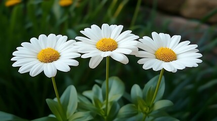 Fototapeta premium Three white daisies in a garden.