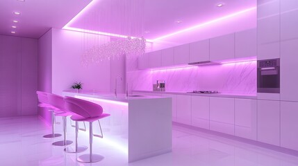 Pink LED kitchen island, modern design, luxury apartment, nighttime ambiance