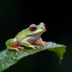 Red-eyed tree frog rainforest leaf dew closeup nature