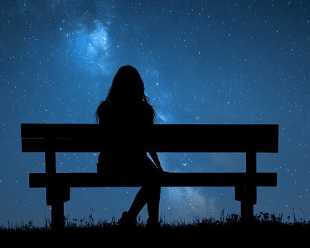 Woman silhouetted, starry night bench